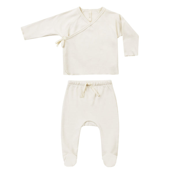 Quincy Mae wrap top + footed pant set ivory