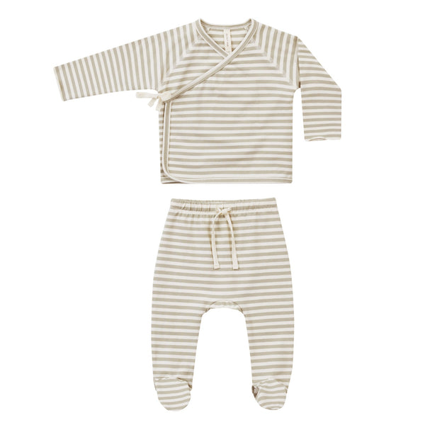Quincy Mae wrap top + footed pant set ash stripe