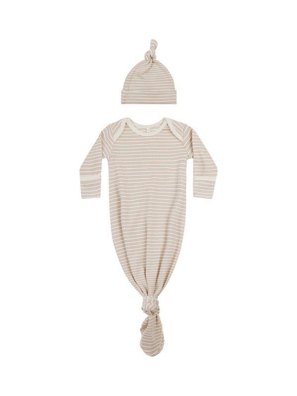 Quincy Mae knotted baby gown + hat set oat stripe