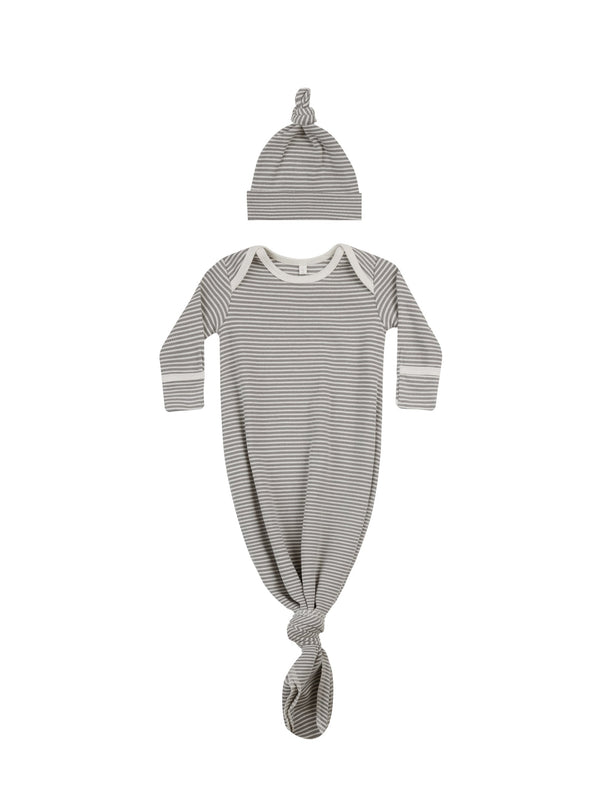 Quincy Mae knotted baby gown + hat set lagoon micro stripe