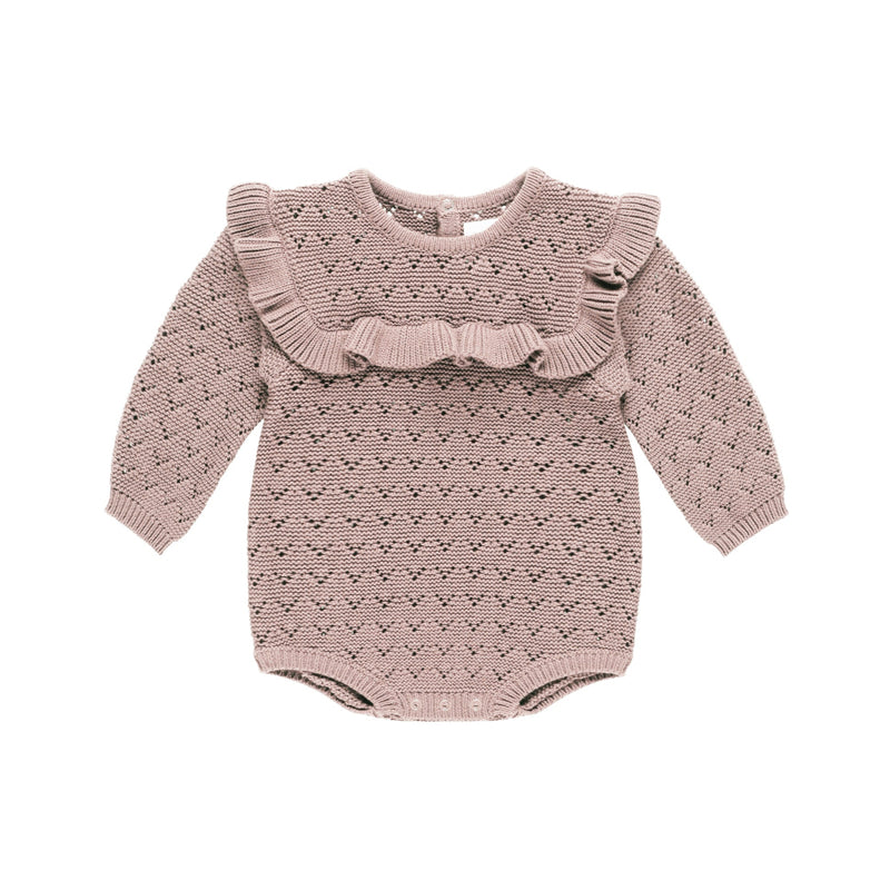 Quincy Mae knit ruffle romper mauve