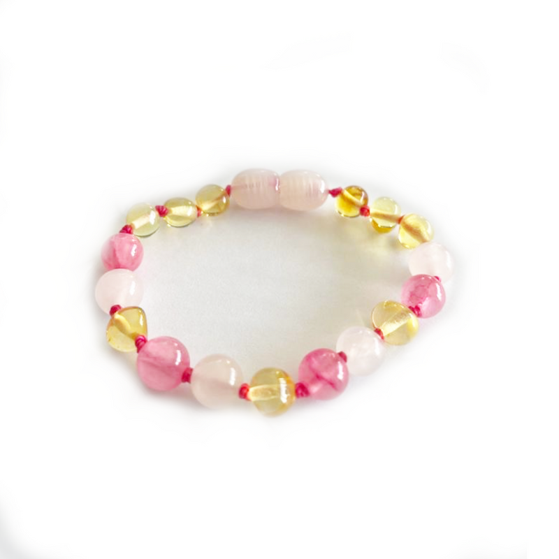 Barnsteen armband 14 cm rozenkwart/lemon